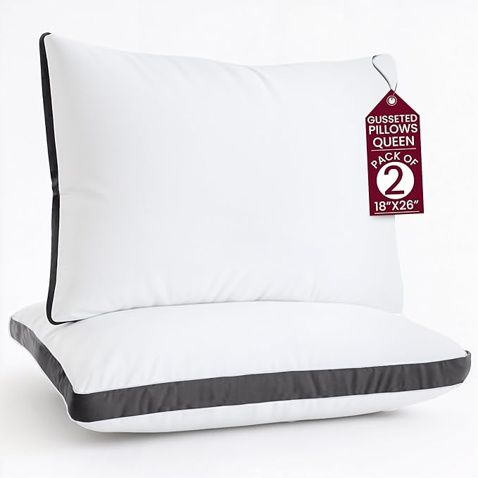 LUX Décor Gusseted Style Soft Hotel Pillows Set of 2 – for Side, Stomach & Back Sleepers - Down Alternative Hotel Bed Pillows – 100% Microfiber Cover, Virgin PSF Fill – Grey, Queen 26x18