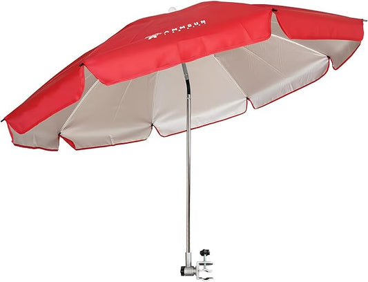 AMMSUN Chair Umbrella with Universal Clamp Adjustable 47 inches and 360° Swivel & UPF 50+ Protection Portable Sun Umbrella, Secure Clip on Camping/Beach Chairs, Stroller, Wheelchair, Golf cart, Lounger, Red, Large-sized