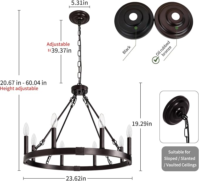 8 Light Wagon Wheel Chandelier, 23.6" Oil-Rubbed Bronze Dining Room Light Fixture with Adjustable Height, Industrial Hanging Lights for Living Room Bedroom Foyer Entryway,E12 Base