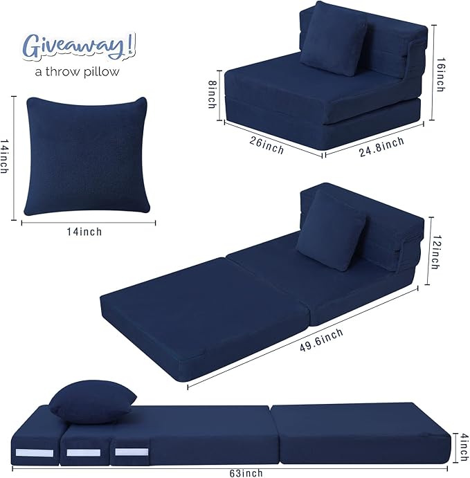MeMoreCool Foldable Futon Chair Bed for Kids, Toddler Sofa Mattress, Convertible Foam Floor Couch, Tri-fold Sleeping Mattress (Navy)
