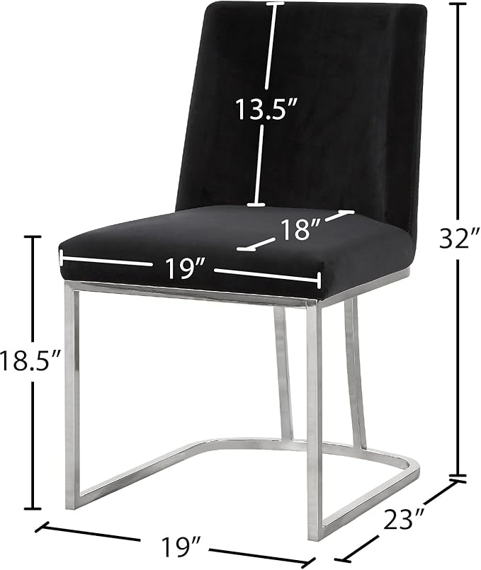 Meridian Furniture Heidi Collection Modern | Contemporary Velvet Upholstered Dining Chair with Polished Chrome Metal Frame, Set of 2, 19" W x 23" D x 32" H, Black
