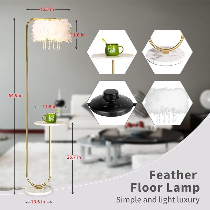 beaysyty Unique Led White Feather Floor Lamp with Tray,Ostrich Feather Stand Lamp,Living Room Bedroom Office Shop Window Decoration Lamp,Foot Switch and Brass/Gold Finish Arc Floor Lamp