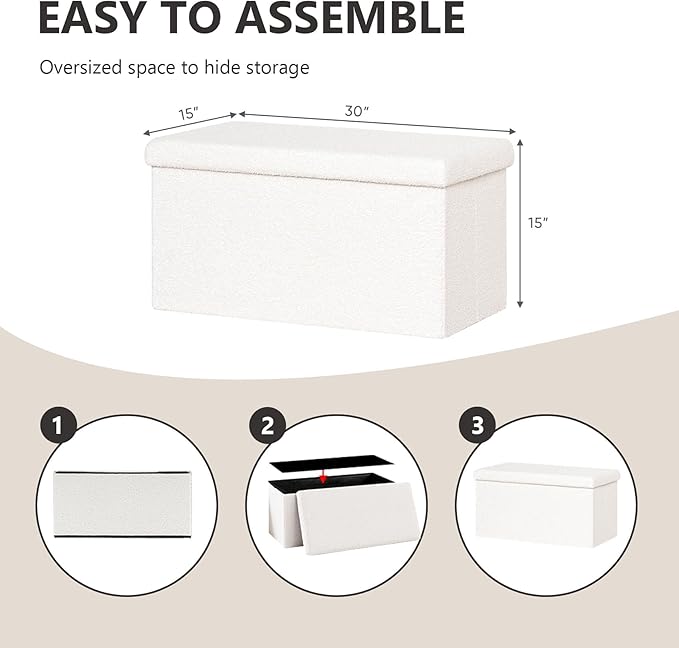 30 Inches Storage Ottoman Bench - Square Ottoman with Sherpa Top,Storage Bench for Bedroom 30" L x 15" W x 15" H - White