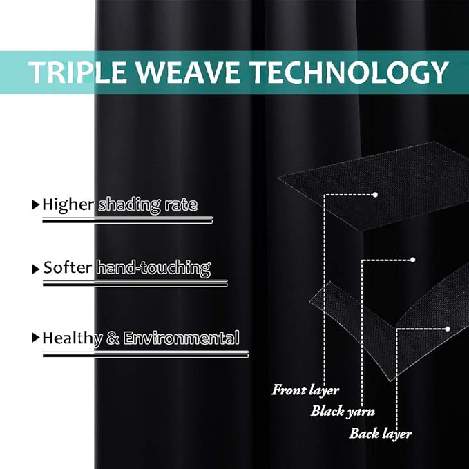 NICETOWN Complete 100% Blackout Curtains, Thermal Insulated & Energy Efficiency Window Draperies with Black Liner, Noise Reducing Drapes for Kids (Black, 52 inches W by 63 inches L, Double Panels)