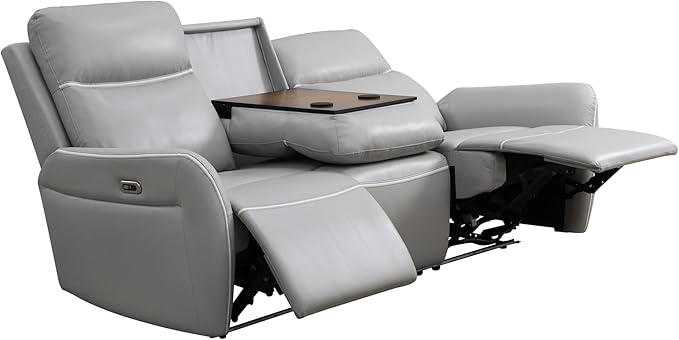 Power Recliner Sofa for Living Room, Air Leather Reclining Sofa 3 Seat with Flip-Down Middle Backrest, LED Lighting, USB Charging Port (Light Grey)
