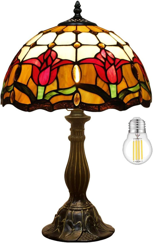 WERFACTORY Tiffany Table Lamp Stained Glass Style Tulip Flower Bedside Reading Desk Light 12X12X18 Inches Decor Bedroom Living Room Home Office S030 Series