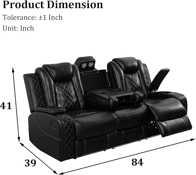 Leather Power Recliner Sofa Set with LED Light，Living Room Furniture Set, Leather Reclining Sofa Set with USB Port Storage Armrest(3 Seats Sofa, Black)