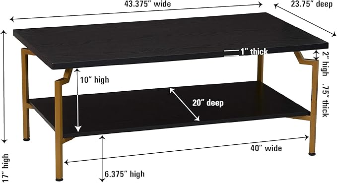 Household Essentials Crown Rectangular Coffee Table with Storage Shelf Black Oak Wood Grain and Gold Metal