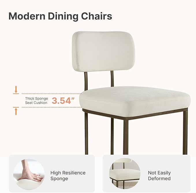 Dining Chairs Set of 4, Upholstered Modern Kitchen Chairs with Ergonomic Backrest, Fabric Cushion Seat & Wire Drawing Metal Legs for Living Room, Restaurant, and Café, White, 2Boxs