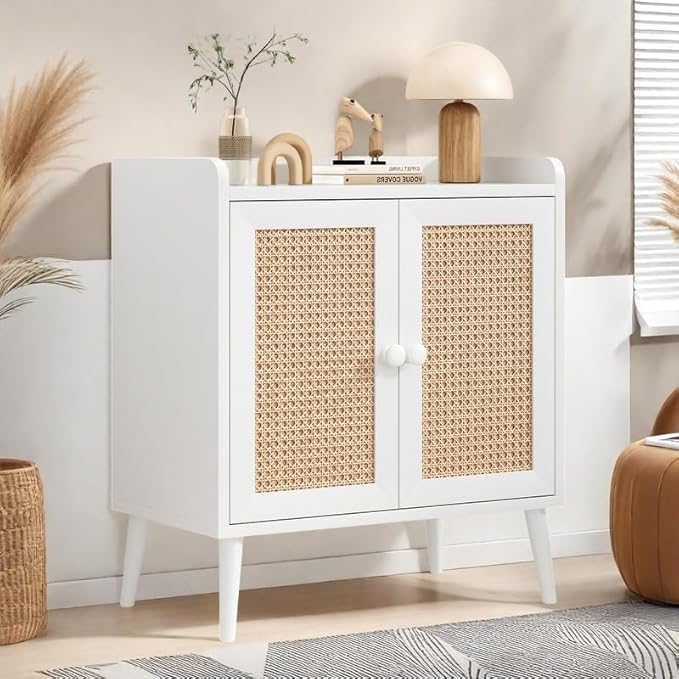 FONTOI Buffet Cabinet, Rattan Storage Cabinet with Round Pull Rings, Sideboard with Ample Storage, Bar Liquor Shelf with 2 Doors for Living Room, Hallway, White
