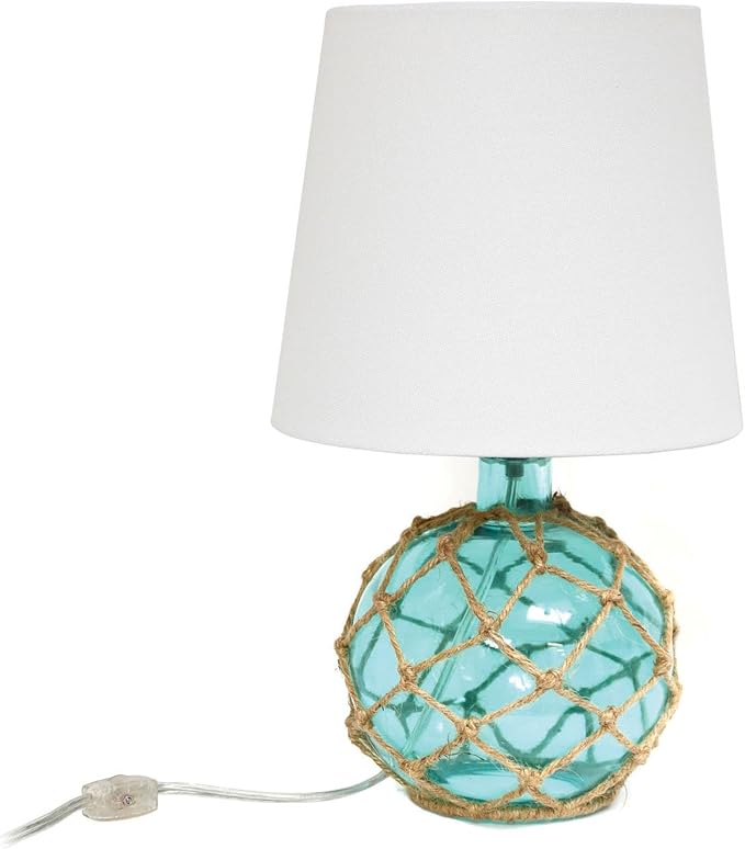 Elegant Designs LT1050-AQU Buoy Rope Nautical Netted Coastal Ocean Sea Glass Table Lamp with White Fabric Shade, Aqua