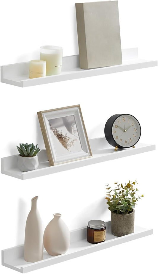 SONGMICS Floating Shelves, Set of 3 Wall Shelves, 23.6-Inch Wide, for Photo Frames and Trinkets, for Living Room, Home Office, Kitchen, Bathroom, White ULWS061W01