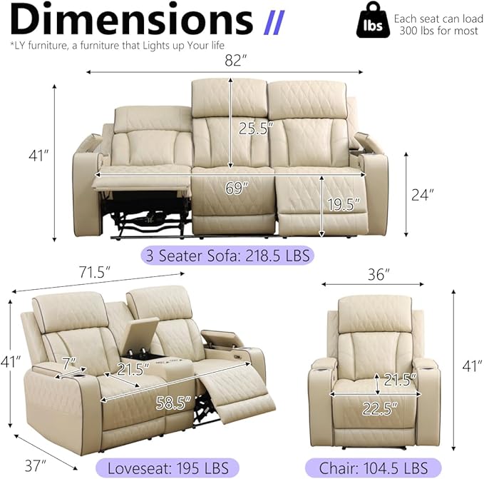 Leather Power Recliner Sofa Set, Living Room Furniture Sets, 2 Piece Reclining Sofa Set with Cup Holders, Modern Recliner Couches with Arm Storage/Coffee Table/Charging for Home/Office, Khaki