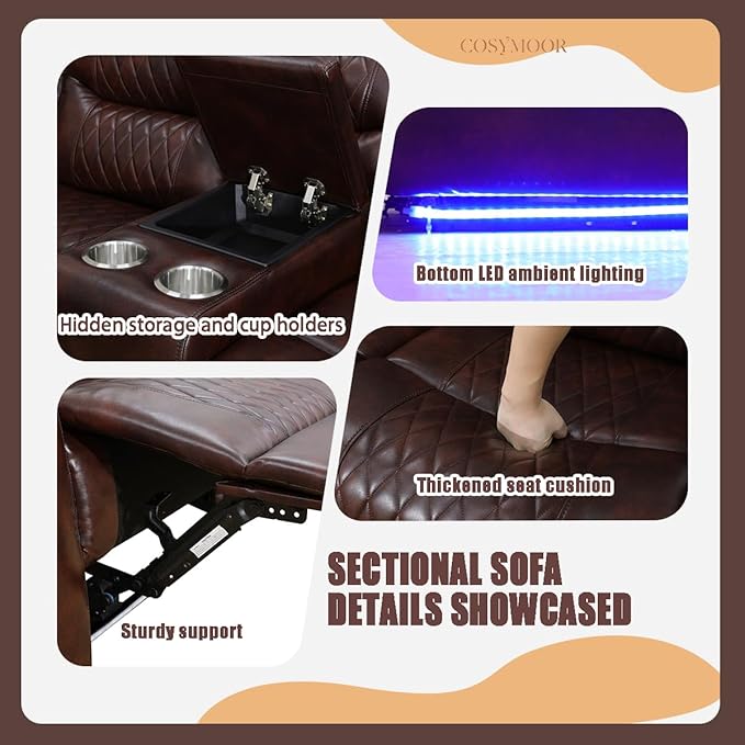Leather Power Recliner Sectional Sofa Set with LED, Breathing Leather Reclining Corner Couch & Loveseat, L-Shaped Recliner Sofa Power Loveseat with Cup Holders/Storage for Living Room