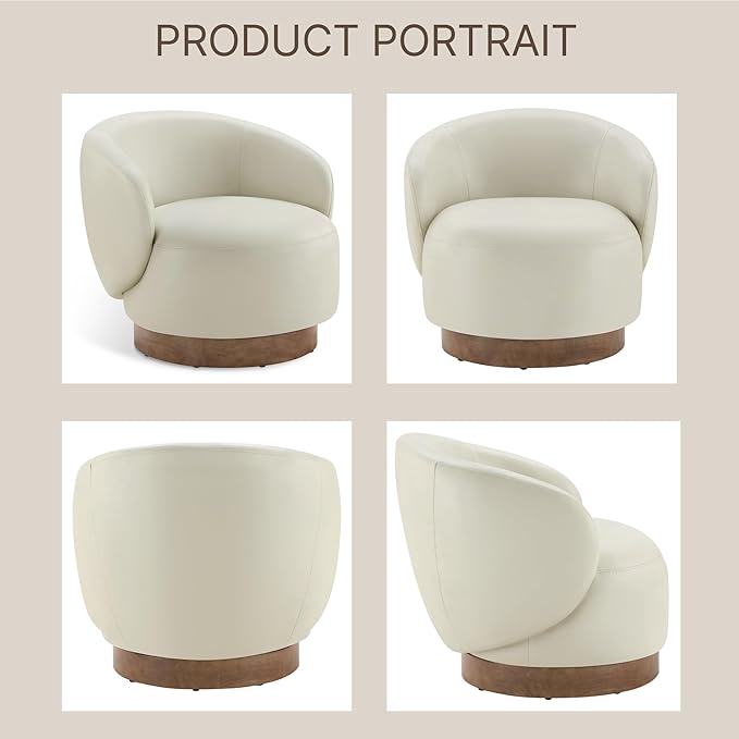 Swivel Accent Chair Modern Round Barrel Armchair with Upholstered Faux Leather for Living Room Bedroom Waitingroom,1 Box,Cream