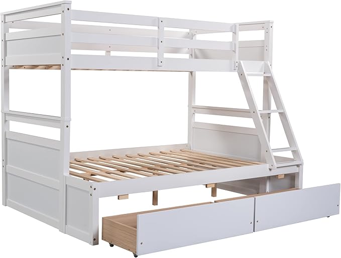 Twin Over Full Bunk Beds with 2 Under Bed Storage Drawers, Stronger & More Stable Bunkbed, White