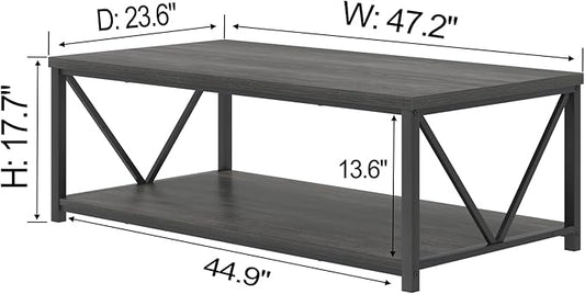FOLUBAN Industrial Coffee Table with Storage Shelf, Modern Rustic Wooden and Metal Rectangle Center Table for Living Room, Dark Gray, 47 Inch