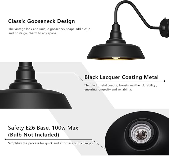 12 Inch Outdoor Gooseneck Barn Lights, Dusk to Dawn Sensor, Waterproof and Rustproof Black Barn Lights for Porches, Houses and Farmhouses 2 Pack…