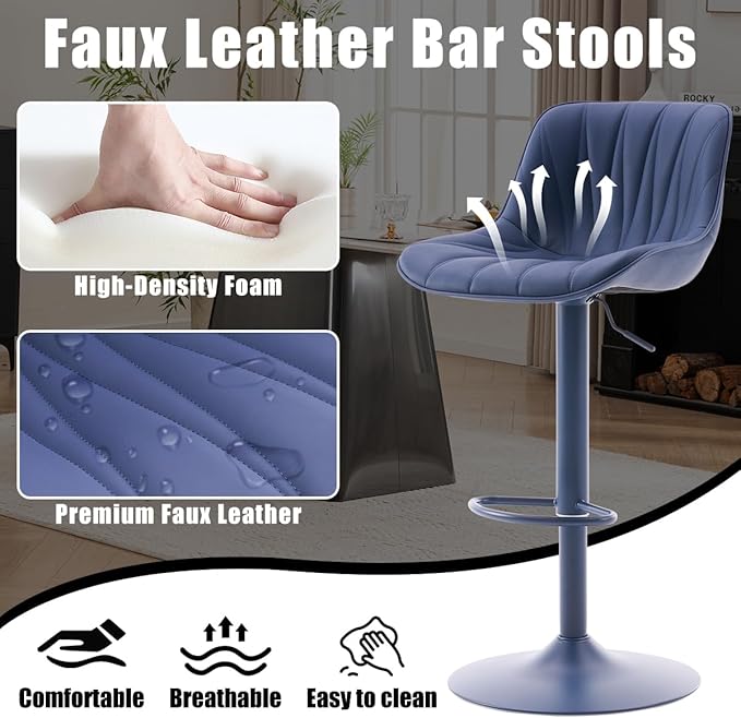 Kidol & Shellder Bar Stools Set of 2 Blue Adjustable Swivel Counter Height Barstools Upholstered Modern PU Leather Bar Chairs Stools for Kitchen Island