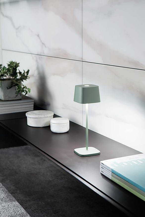 Zafferano, Ofelia Pro Lamp, Rechargeable Cordless Table Lamp with Touch Controls, Suitable for Indoor and Outdoor, Dimmer, 2700-3000 K, Height 12 Inches, Sage Color