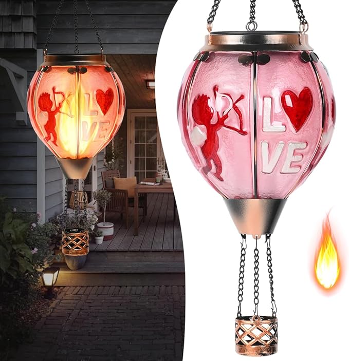 Hot Air Balloon Solar Lantern - Valentine's Day Glass Lantern, Simulated Flickering Dancing Flame, Outdoor Hanging Sunflower Yard Light Waterproof IP65 for Valentines Gift