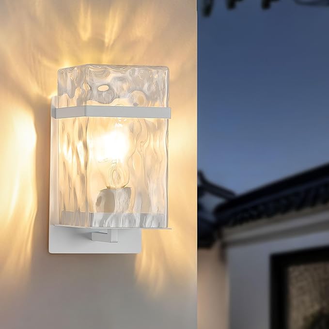 Outdoor Wall Light, White Exterior Waterproof Lanterns,Porch Sconces Wall Mounted Lighting with E26 Sockets & Glass Shades, for Garage,Doorway,Patio,Front Door
