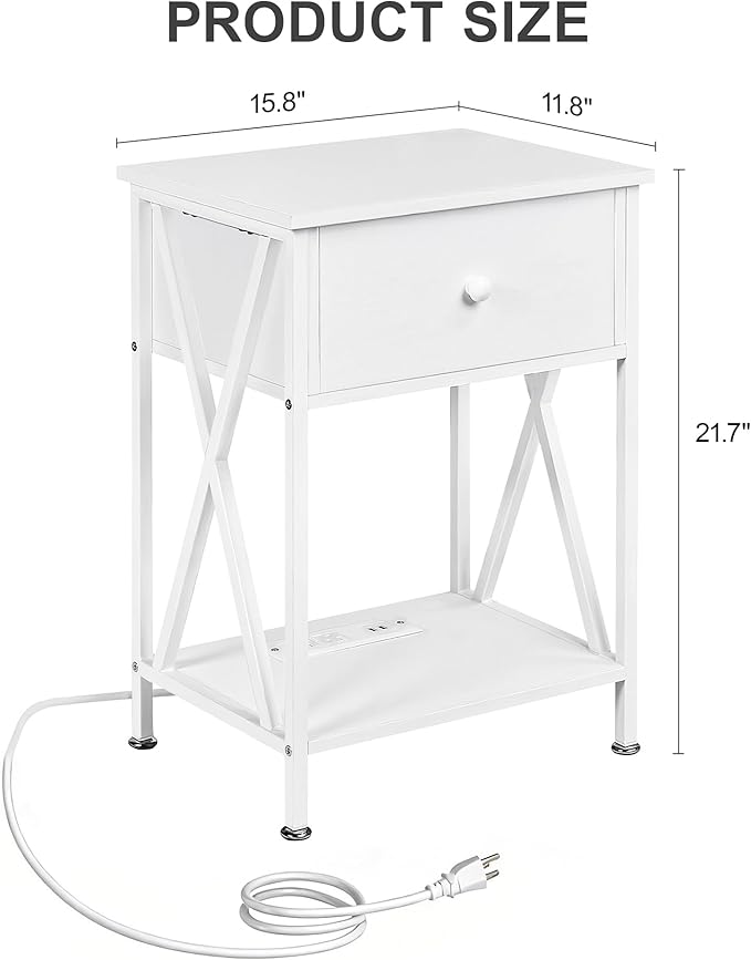VECELO Nightstand Set of 2,End Tables with Charging Station,Bed Side Table with Open Shelf &USB Ports & Outlets,Small Dresser for Bedroom, Living Room,White