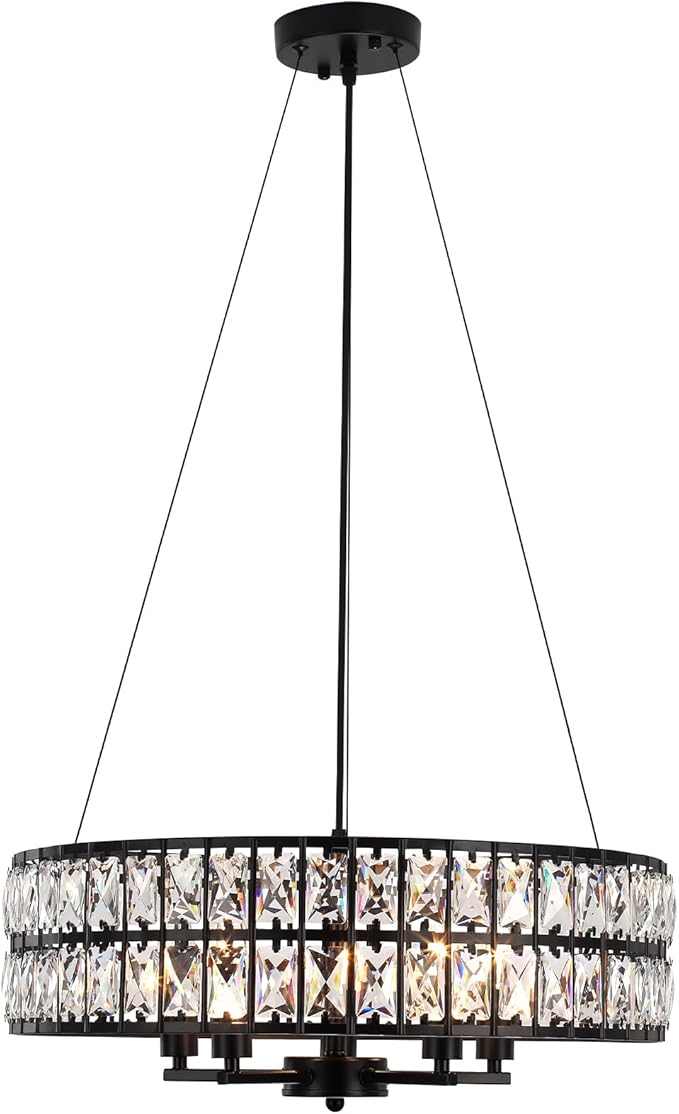 20" Black Crystal Chandelier, 5-Light Modern Dining Room Light Fixture Over Table Adjustable Height Hanging Industrial Pendant Lights Kitchen Island,Living Room Bedroom Entryway Foyer