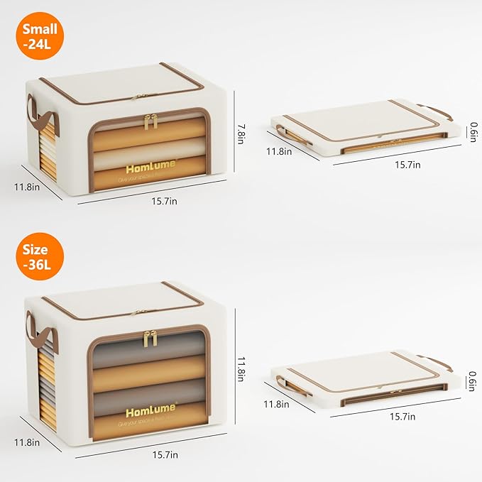 3 Pack Linen Fabric Clothes Storage Bins Collapsible Storage Bins and Storage Boxes for Clothes with Metal Supports (Beige, 36L)