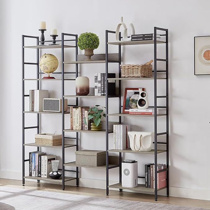 SKYXIU Triple Wide 5 Tier Bookshelf,Rustic Industrial Style Bookcases and Bookshelves with 14 Open Display Shelves,Large Open Bookshelves for Home&Office