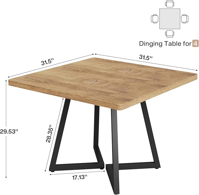 Tribesigns Square Dining Table, 31.5" Modern Dinner Table with Metal Base, Kitchen Table for Dining Room, Small Space, Apartment, Natural & Black (4pcs)