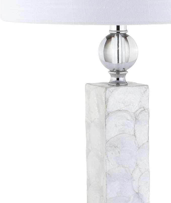 JONATHAN Y 32" White Mother of Pearl and Crystal Table Lamp Set of 2 for Bedroom, Coastal Mosaic Seashell Column Lamps for Living Room, Linen Drum Shade, LED Bulbs Included JYL4006A-SET2