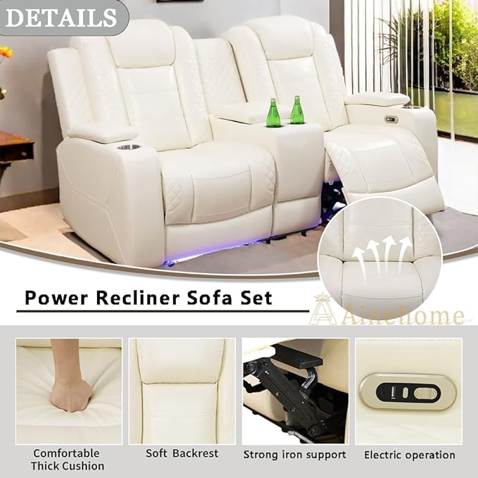 A Ainehome Power Leather Recliner Sofa Set with LED Lights, Recliner Sofa Sectional Couches for Living Room, Reclining Sofa and loveseat with USB Port/Storage Console(Creamy White,loveseat)