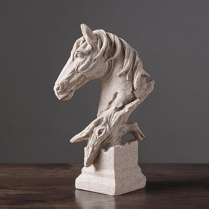 Creative Art Retro Horse Head Ornament,Resin Statue Ornaments,Abstract Style Sculptures,Living Room Dining Desk Decorations,Bookshelf Decorative Objects,Office Decor(7.9"/Sandstone)
