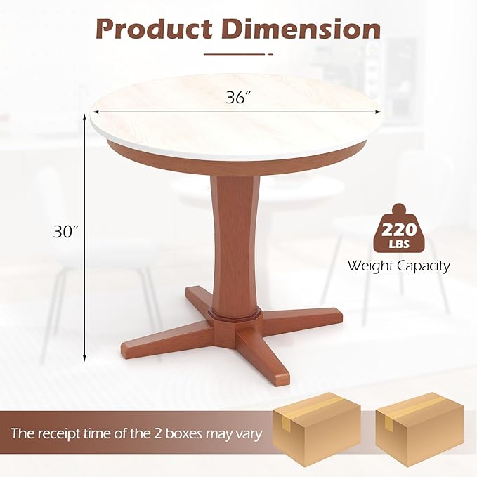 COSTWAY Round Table for 4 People, Wood Kitchen Table w/Rubber Wood Frame, Pedestal Base, Farmhouse Mid Century Dinner Table for Restaurant