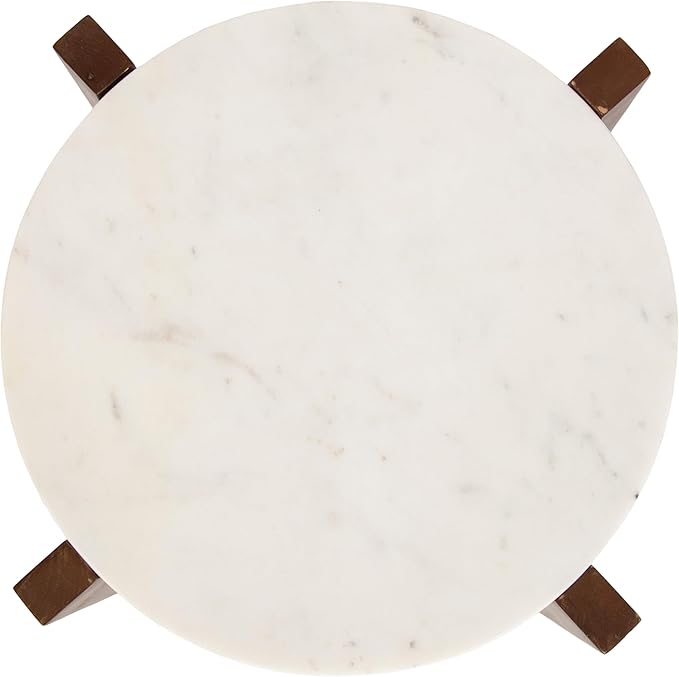 Kate and Laurel Moxley Transitional Round Side Table; 16 x 16 x 22; White Marble and Walnut Brown; Tiered Pedestal Table with Authentic Marble Tabletops for Bedroom Nightstand or Indoor Plant Stand