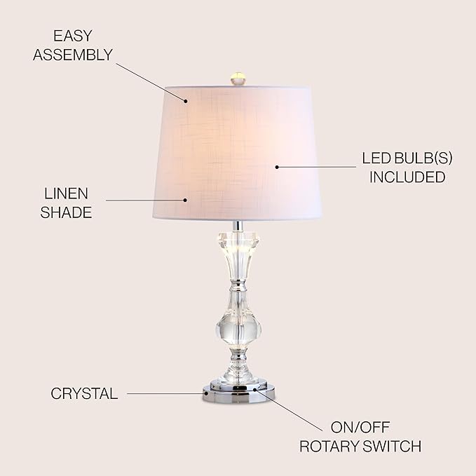 JONATHAN Y 25" Clear Crystal Table Lamp, Glam Traditional Faceted Glass Bedside Lamp for Living Room Bedroom, White Linen Shade, Chrome Accents, LED Bulb Included JYL2040A
