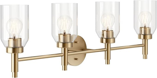 Kichler Madden 4-Light Vanity with Clear Glass in Champagne Bronze, Sloped Ceiling Compatible, for Single or Double Vanity in Bathroom (10.5" x 34"), 55186CPZ