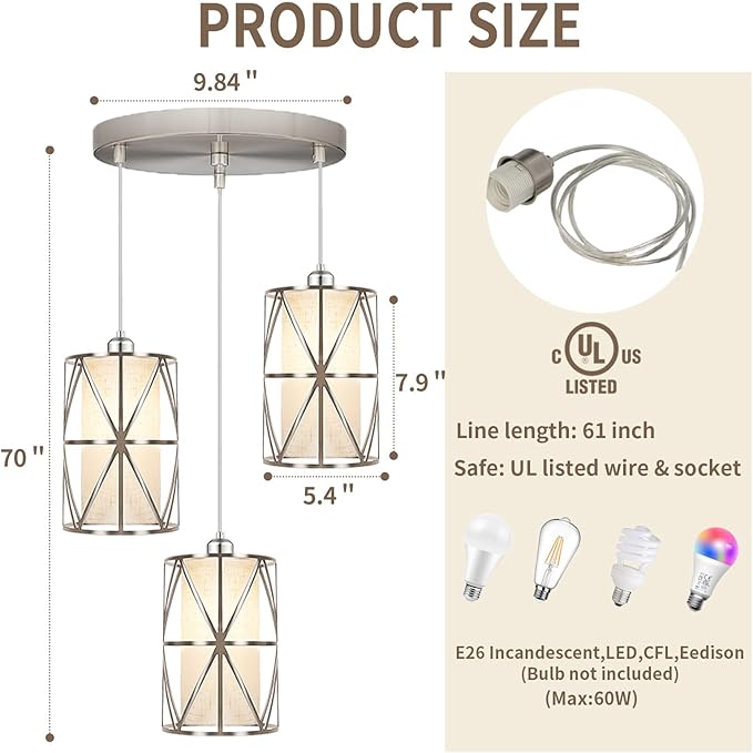 Brushed Nickel 3 Light Chandelier, Adjustable Height Pendant Lights Kitchen Island, Modern Dining Room Light Fixture with Linen Shade, Kitchen Light fixtures for Dining Room, Bathroom