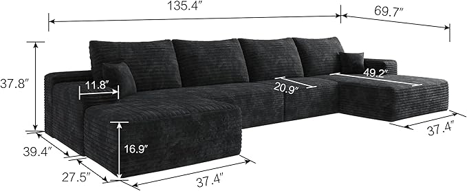 135" U Shaped Boneless Couch with Ottoman, Convertible Sleeper Compression Sofa, Corduroy Couch Sectional for Living Room Bedroom, Deep Seat Foam Cloud Sofas No Assembly, Right Facing Chaise, Black
