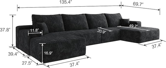 135" U Shaped Boneless Couch with Ottoman, Convertible Sleeper Compression Sofa, Corduroy Couch Sectional for Living Room Bedroom, Deep Seat Foam Cloud Sofas No Assembly, Right Facing Chaise, Black