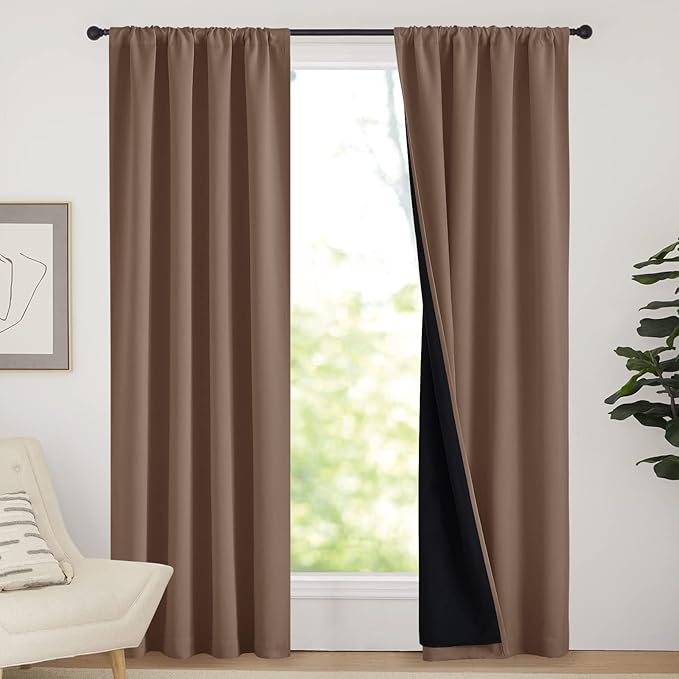 NICETOWN Warm Curtains for Winter, 100% Blackout Curtains Thermal, Noise Reduction and Privacy Curtains for Patio Door, Black Lined Blackout Drapes with Rod Pocket, Cappuccino, 1 Pair, W42 x L84