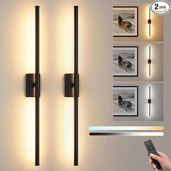 ONEWISH Battery Operated Wall Sconces Set of 2, 27.75" Rechargeable Wall Lights with Remote & Removable Battery, 3-Color Dimmable Wireless Sconces for TV Wall Decor, Picture Light, Bedroom, Black