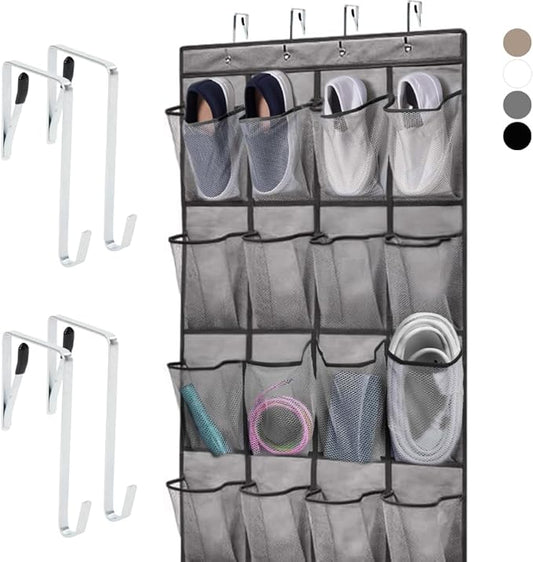 HOME GENIE Over the Door Hanging Shoe Organizer, 24 Breathable Mesh Pockets, Closet Rack Storage Holder, Stay in Place Hooks Hang on Closets, Hanger Holds Up to 40 lbs for Shoes, Accessories, Gray
