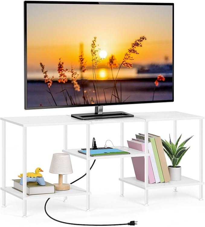 White TV Stand Bedroom with Power Outlets, Small Entertainment Center Stand with Open Storage Shelves for TVs up to 50 Inch, Wood TV Media Console Table with for Living Room, Bedroom