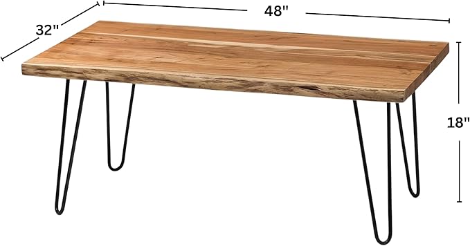 Alaterre Furniture Live Edge Wood Coffee Table with Hairpin Metal Legs – Rustic Modern Farmhouse Living Room Table with Acacia Wood Top (48 Inch)