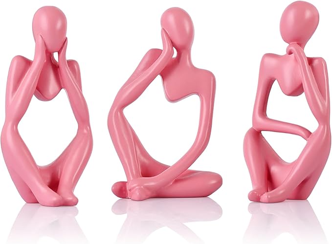 Pink Thinker Statue Decor for TV Stand, Shelf, Desk, or Coffee Table - Set of 3 Resin Figurines for Living Room Decorative Objects, Modern Sculpture, Minimalist Bookcase Decor, Home Accents