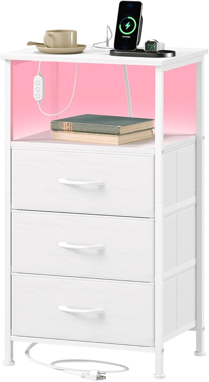 Somdot White Nightstand with Charging Station and LED Light for Bedroom, Tall 3 Drawers Dresser with Fabric Bins for Bedside Kids Dorm Room Closet Laundry Entryway, White Leather