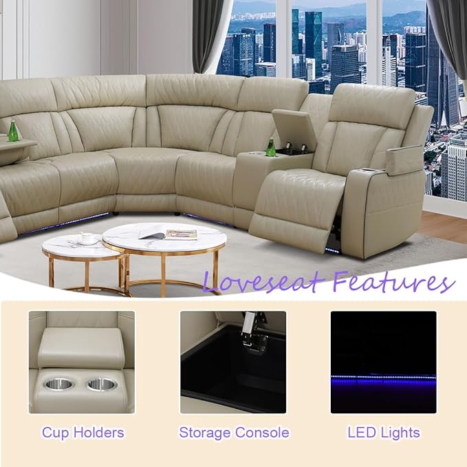 Power Reclining Sectional Sofa, L-Shaped Living Room Furniture Set, Light Brown Leather Recliner Sofa, Reclining Sectional Couch with LED/Storage Console/Cup Holder/USB/Type C for Office/Home