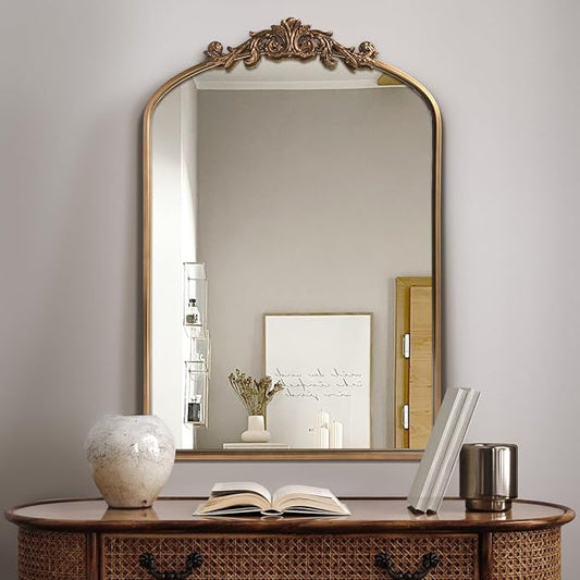 WAMIRRO Antique Mirror,Gold Traditional Vintage Ornate Baroque Arched Brass Mirrors Entryway/Fireplace/Living Room/Hallway/Bathroom 24"X36"